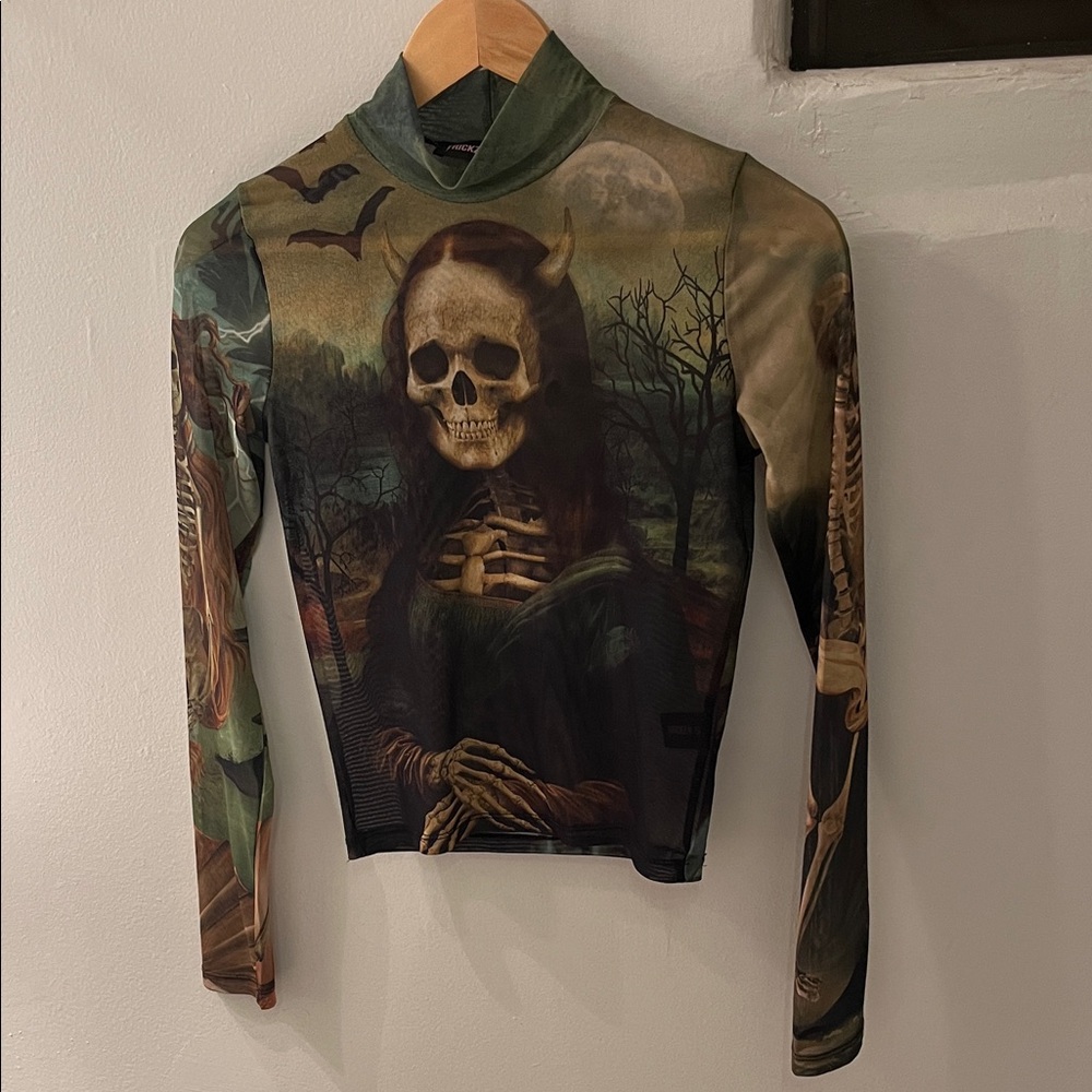 Dolls Kill Gothic Skeleton Print Top - Green and Black